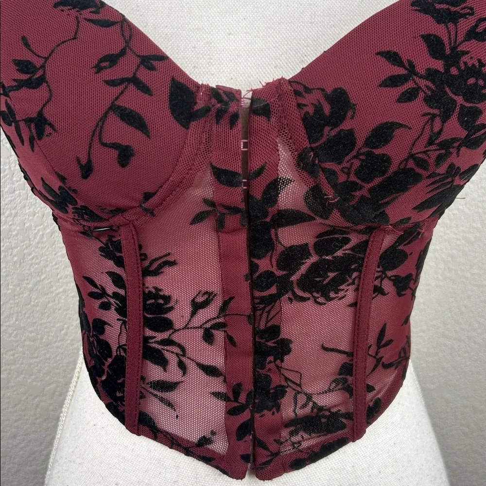 Windsor Burgundy Burnout Velvet Floral Y2K 90's Whimsigoth Goth Whimsical Corset - Picture 4 of 9